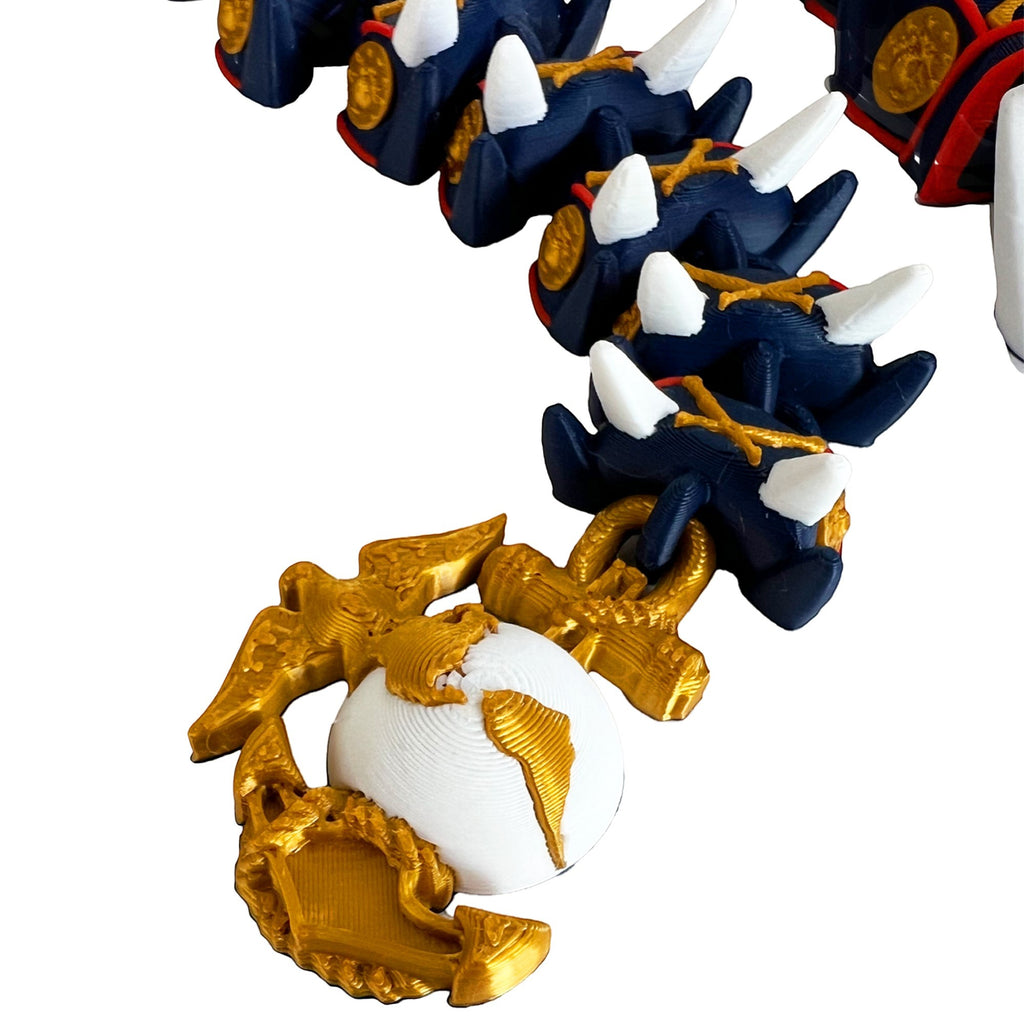 Crafted For Courage USMC Eagle Globe and Anchor emblem with a blue, white, and gold dragon figure.