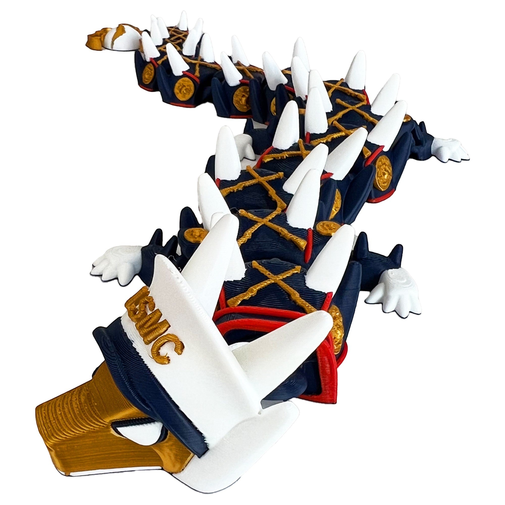 Crafted For Courage USMC dragon figurine in navy blue with gold accents, white spikes, and red trim.