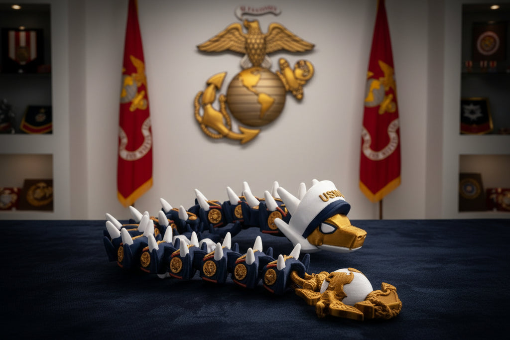 Crafted For Courage USMC dragon toy with gold accents, navy blue segments, white spikes, and an anchor emblem.