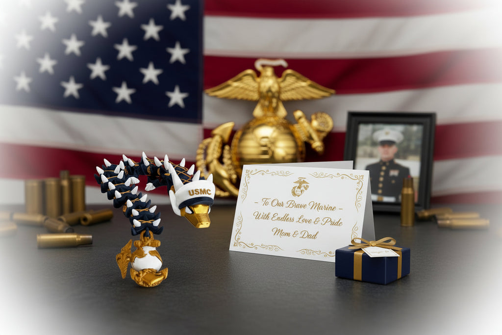 Crafted For Courage USMC dragon toy with white USMC hat, gold accents, and anchor globe emblem.