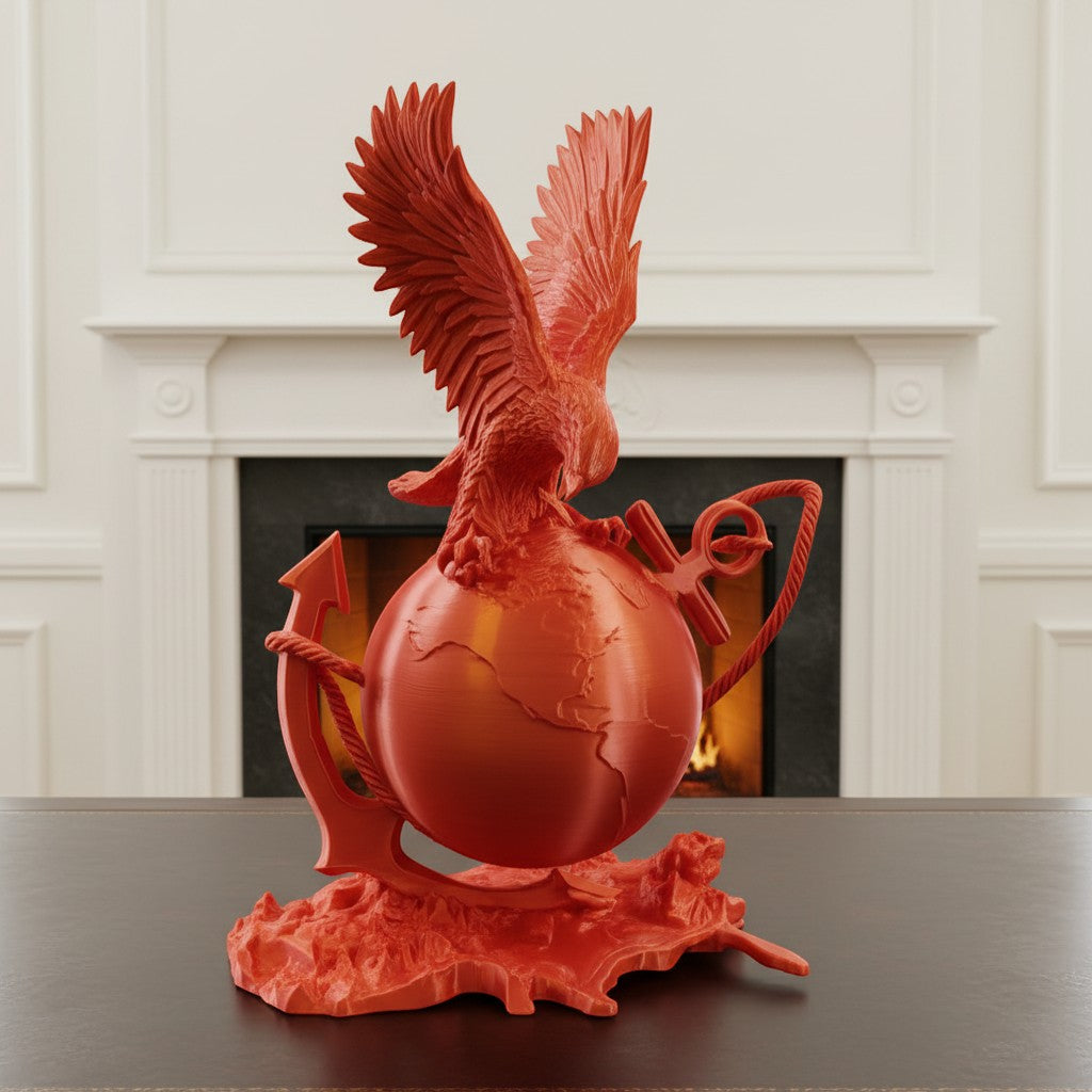 Crafted For Courage USMC eagle globe and anchor emblem, copper finish, detailed sculpture.