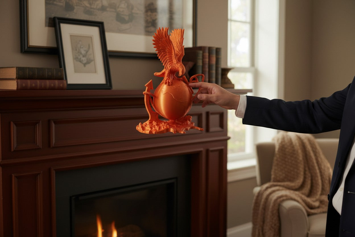 Crafted For Courage USMC eagle globe and anchor emblem statue, orange metallic finish.