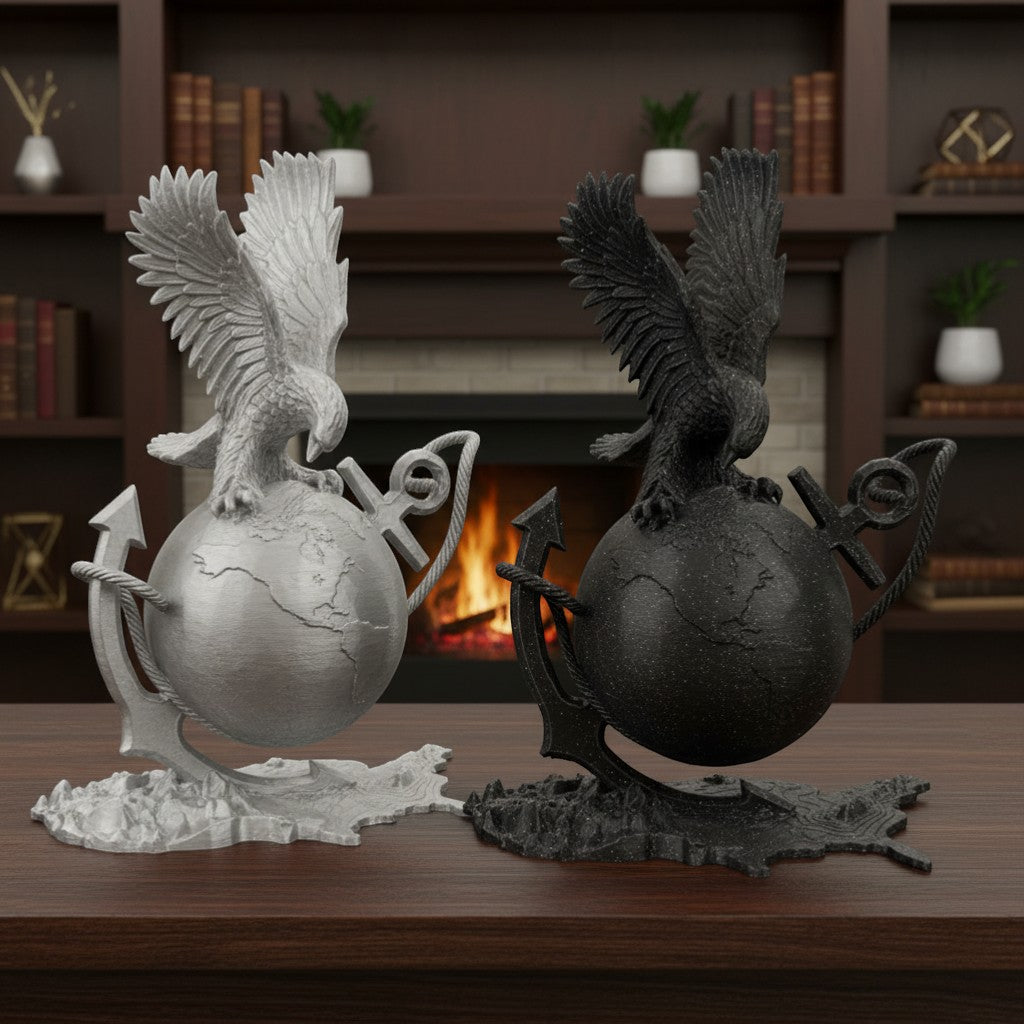 Crafted For Courage USMC eagle perched on a globe with anchors and rope, available in silver and black finishes.