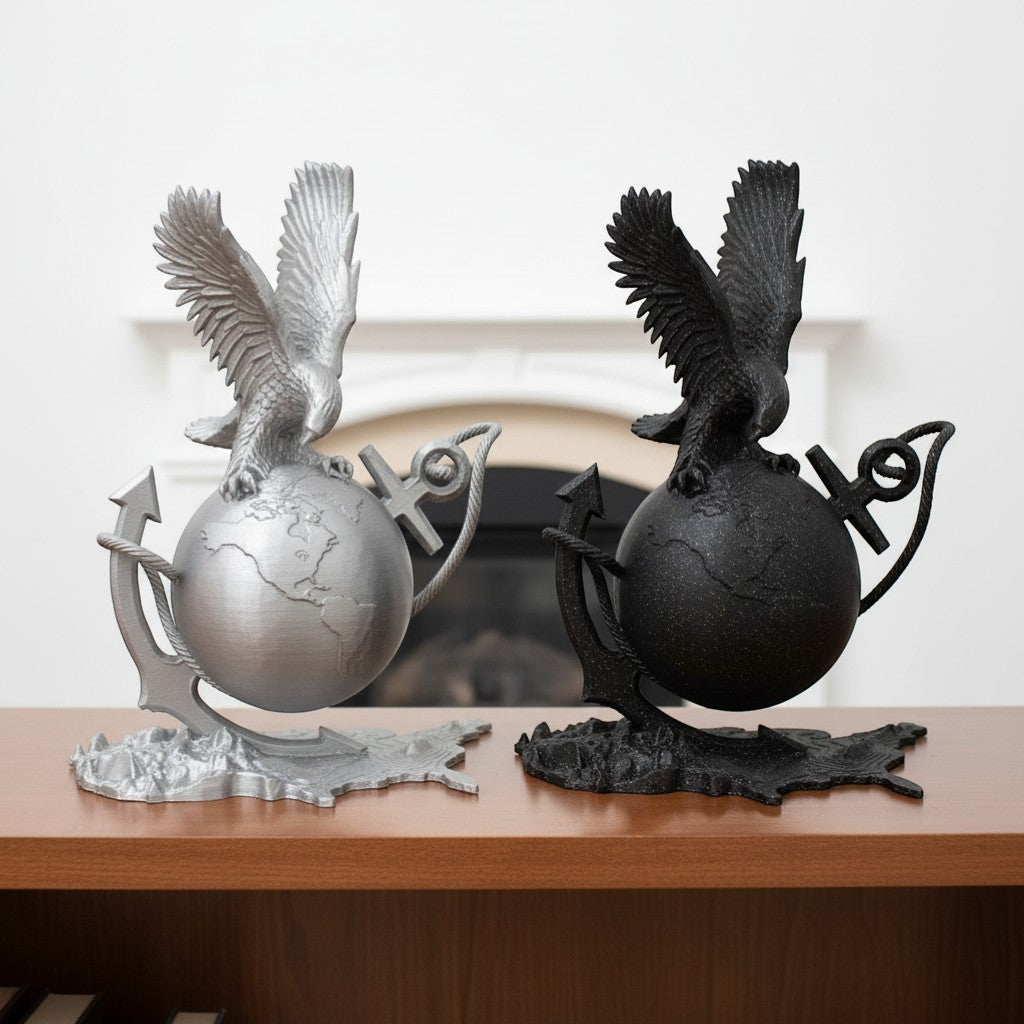 Crafted For Courage USMC eagle perched on a globe with anchors and rope, available in silver and black finishes.