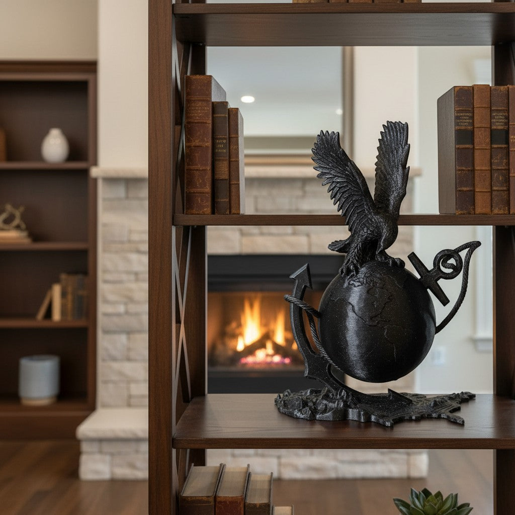 Crafted For Courage USMC eagle perched on a globe with anchors and rope, available in silver and black finishes.