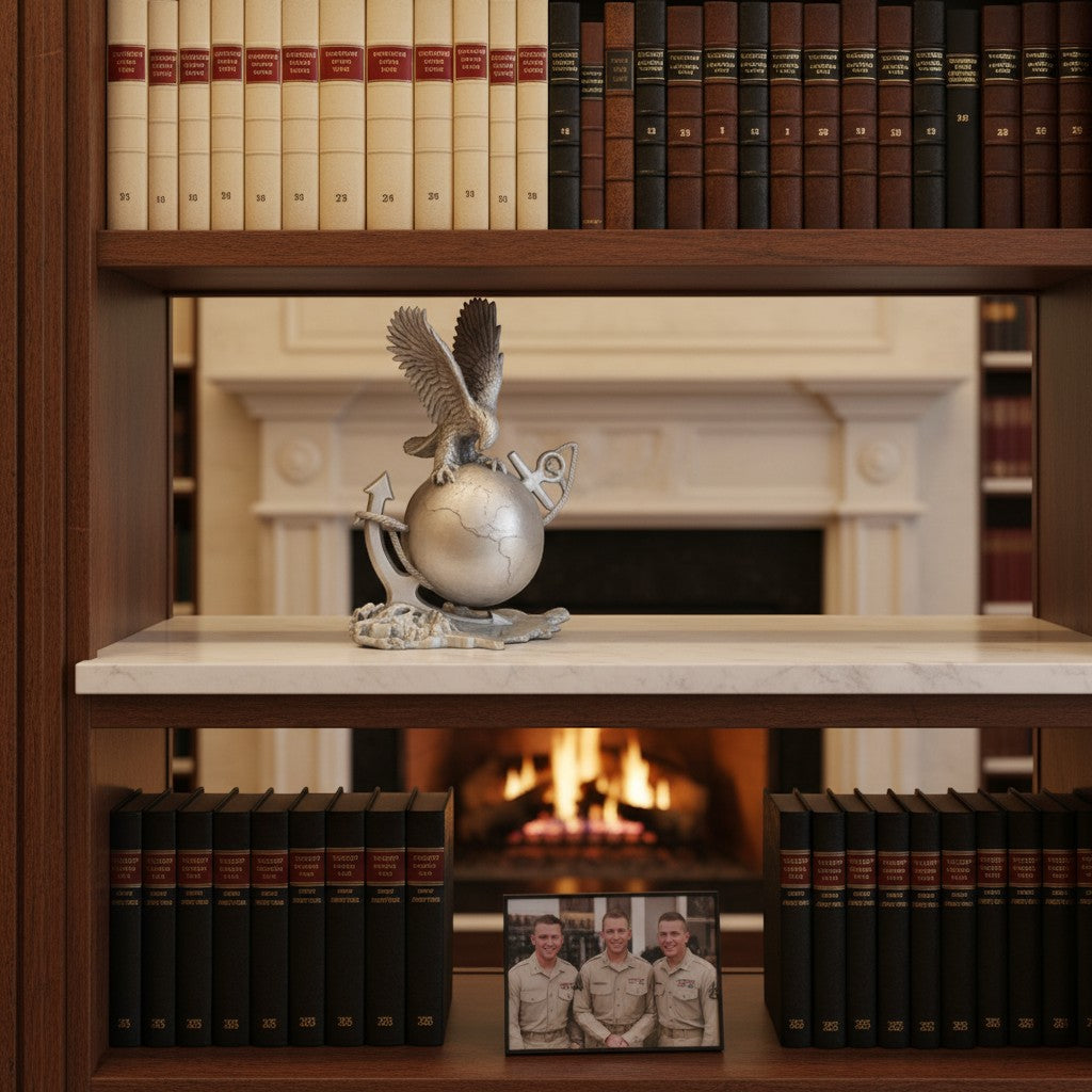 Crafted For Courage USMC eagle perched on globe with anchors and rope, available in silver and black finishes.